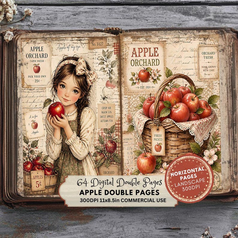 May include: An open book featuring digital double pages with an apple orchard theme. The left page shows a girl holding an apple, while the right page displays a basket of red apples. Text includes Apple Orchard, 64 Digital Double Pages, and 300DPI 11x8.5in.