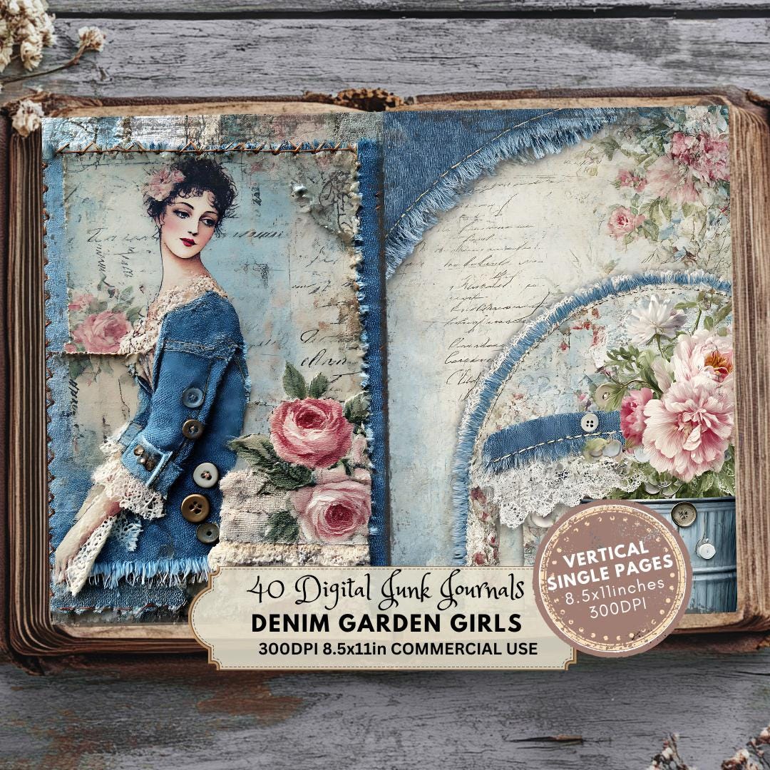 Denim Garden Girls Junk Journal Pages: Vintage Collage Sheets (digital ...