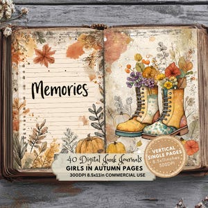 garden boots with flowers, memories page, Printable Junk Journal Pages, Autumn Digital Download, Cozy Fall Ephemera, Scrapbook Paper, Instant Access, Quirky Girls with Flowers in Autumn