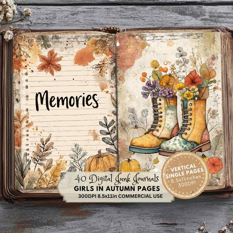 garden boots with flowers, memories page, Printable Junk Journal Pages, Autumn Digital Download, Cozy Fall Ephemera, Scrapbook Paper, Instant Access, Quirky Girls with Flowers in Autumn