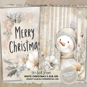 May include: A digital art print with a watercolor design. The left side says "Merry Christmas" with floral accents. The right side features a snowman with a glittery hat and scarf. The text at the bottom says "White Christmas 5.5x8.5in".