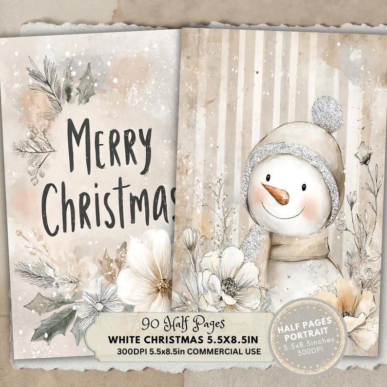 May include: A digital art print with a watercolor design. The left side says "Merry Christmas" with floral accents. The right side features a snowman with a glittery hat and scarf. The text at the bottom says "White Christmas 5.5x8.5in".