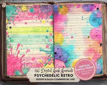 Psychedelic Retro Scrapbook Papers, Hippie Pages, Groovy Rainbow Colorful Ephemera (Digital Download)