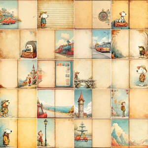 Peut inclure: Une collection de 16 pages illustr&eacute;es avec une esth&eacute;tique vintage. Chaque page pr&eacute;sente une sc&egrave;ne diff&eacute;rente, notamment un train, un bus, un chien, un h&eacute;risson, une tour d'horloge et une cha&icirc;ne de montagnes. Les pages sont toutes de couleur brun clair avec un fond textur&eacute;.