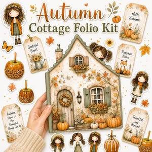 May include: An Autumn Cottage Folio Kit featuring a house-shaped journal, illustrated tags with text like Grateful Heart and Pumpkin Kisses, and die-cut stickers of girls, caramel apples, and pumpkins in warm orange, brown, and green tones.