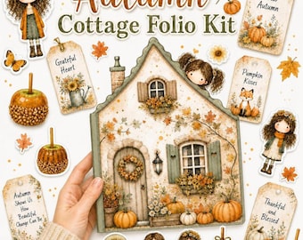 Autumn Cottage Folio Kit, Fall Thanksgiving Ephemera, Pumpkin Dolls, Scarecrow Fussy Cuts (Digital Download)