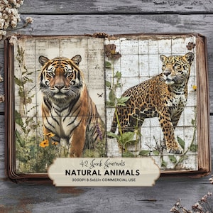 Animals Junk Journal Kit, Natural History Vintage Journal Papers, Botanical Animal Digital Papers, Mixed Media Science Safari Animals, Tiger