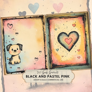 Page de journal indésirable minimaliste en noir et rose pastel, ours mignon, lapin, papillon avec coeurs, style vintage, kit numérique imprimable dessiné à la main
