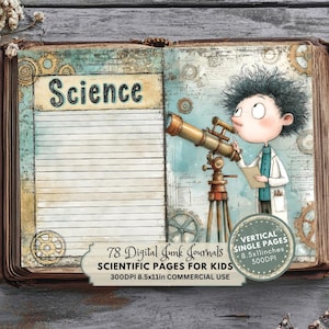 Op de afbeelding: Een digitaal junk journal met een wetenschapsthema. Het journaal bevat een gelijnde pagina met het woord "Science" bovenaan. Rechts is een illustratie van een kindwetenschapper die door een telescoop kijkt. Het journaal bevat 78 wetenschappelijke pagina's voor kinderen.