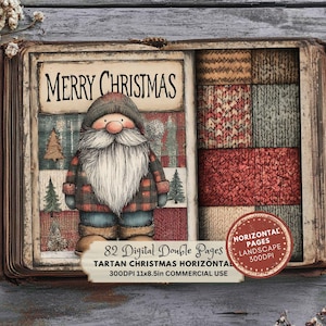 Könnte beinhalten: Digitales Kunstwerk mit einer Weihnachtsmannfigur mit langem weißem Bart und kariertem Mantel, eingebettet in ein Buch. Die Worte "MERRY CHRISTMAS" sind über dem Weihnachtsmann zu sehen. Das Bild enthält den Text "82 Digital Double Pages" und "Tartan Christmas Horizontal".