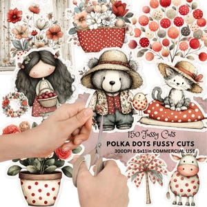 Könnte beinhalten: Eine Sammlung skurriler, ausgestanzter Aufkleber mit Blumenarrangements, einem Mädchen mit Korb, einem Bären, einer Katze und einer Kuh, alle mit Polka Dots. Der Text lautet "150 Fussy Cuts, Polka Dots Fussy Cuts, 300DPI 8.5x11in Commercial Use."