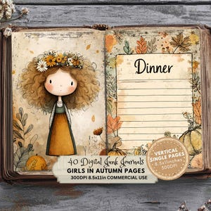 Girl with curly hair, dinner lined page, Printable Junk Journal Pages, Autumn Digital Download, Cozy Fall Ephemera, Scrapbook Paper, Instant Access, Quirky Girls with Flowers in Autumn