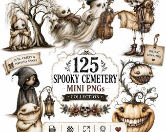 Spooky Cemetery Clipart Bundle, Gothic Halloween PNG Pack, Haunted Graveyard Graphics, Vintage Ghost Illustrations