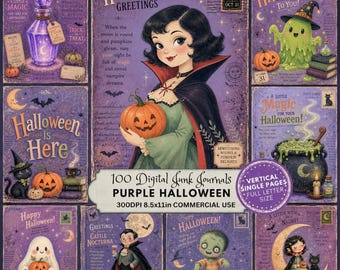 Purple Halloween Journal Kit, Spooky Pages, Witch Ghost Ephemera, Kids Halloween Printables, Party Papers