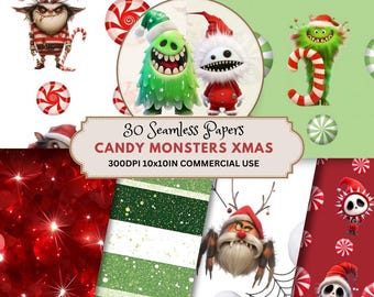 Goth Christmas Seamless Patterns, Candy Monsters Creepmas Papers (Digital Download)