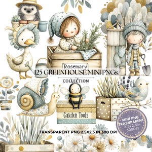 K&ouml;nnte beinhalten: Aquarellillustrationen mit Gartenthemen, darunter ein Igel, eine Ente, eine Schnecke, eine Biene und Kinder. Der Text lautet "Rosemary 125 GREENHOUSE MINI PNGS COLLECTION" und "TRANSPARENT PNG 2.5X2.5 IN 300 DPI".