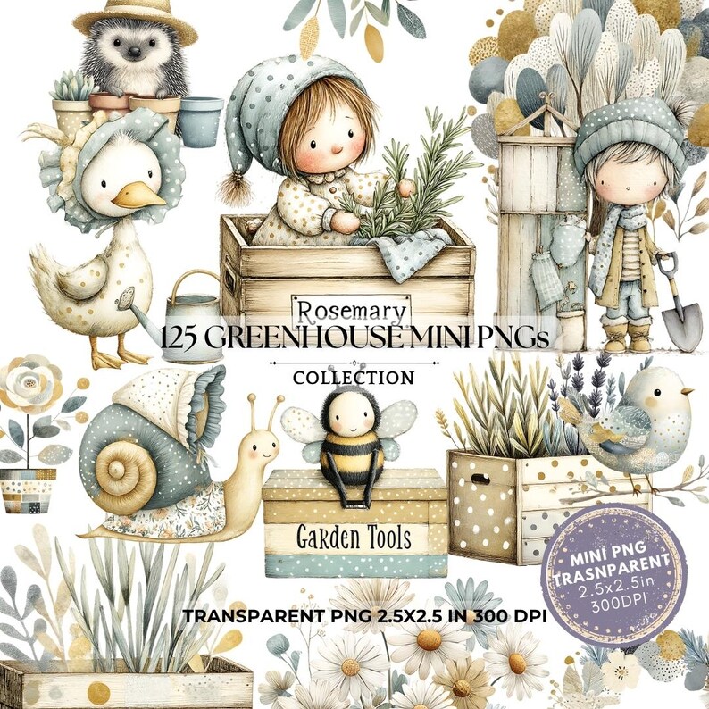 K&ouml;nnte beinhalten: Aquarellillustrationen mit Gartenthemen, darunter ein Igel, eine Ente, eine Schnecke, eine Biene und Kinder. Der Text lautet "Rosemary 125 GREENHOUSE MINI PNGS COLLECTION" und "TRANSPARENT PNG 2.5X2.5 IN 300 DPI".