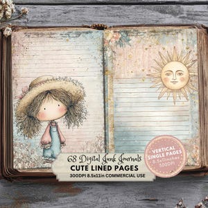 Op de afbeelding: Open journal met gelinieerde pagina's, met een grillige illustratie van een meisje met een strohoed en een lachende zon. De tekst luidt "68 Digital Junk Journals, Cute Lined Pages, 300DPI 21,59x27,94cm Commercial Use."