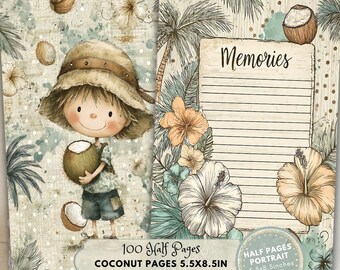 Coconut Half Pages: Collage Summer Beach Paper Printable (Digital Download, Portrait 5.5x8.5 in)