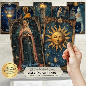 Puede incluir: Un conjunto de 78 cartas de tarot digitales con temas celestiales. Las cartas muestran ilustraciones de la Reina de Copas y el Sol, sobre un fondo de cielo estrellado. Las cartas miden 7 x 12 cm.