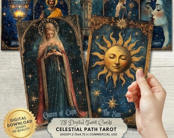 May include: A set of 78 digital tarot cards with celestial themes. The cards display illustrations of the Queen of Cups and The Sun, set against a starry night backdrop. The cards measure 7 x 12 cm.