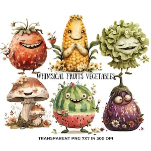 Whimsical fruits vegetables clipart with flowers, cute vintage cartoon vegetable character in PNG, fruit monsters, for scrapbooking, digital