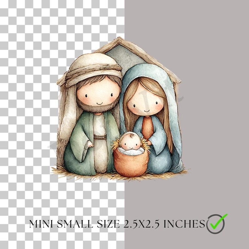 May include: Watercolor illustration of the Holy Family inside a small wooden shelter. Joseph wears a green robe and head covering, Mary in a blue veil, and baby Jesus in a small basket. The text at the bottom reads "MINI SMALL SIZE 2.5X2.5 INCHES".