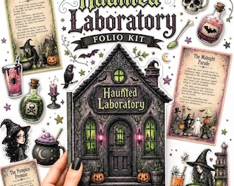 Pink Haunted Laboratory Folio Kit, Glitter Witchy Ephemera, Spooky Gothic Kids Paper Craft (Digital Download)
