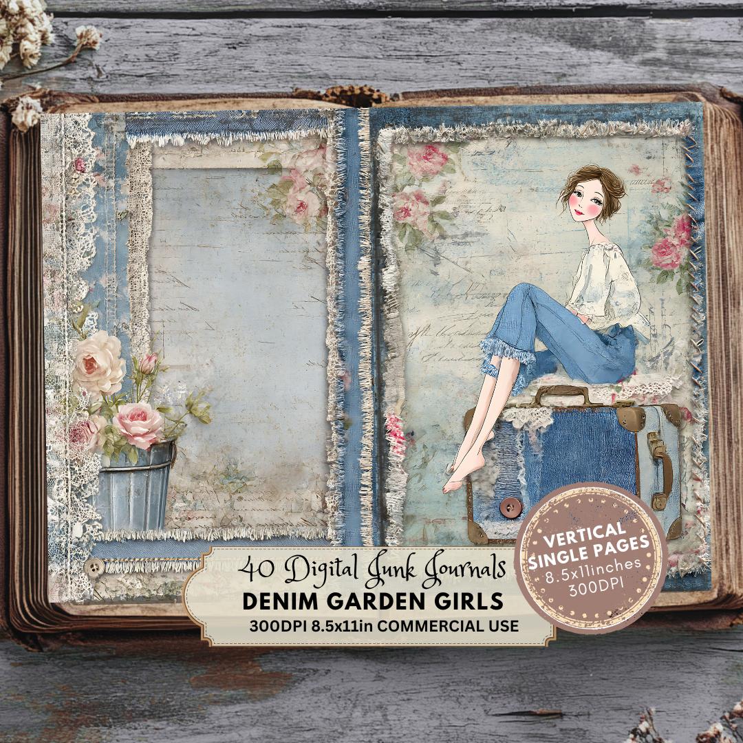 Denim Garden Girls Junk Journal Pages: Vintage Collage Sheets (digital ...