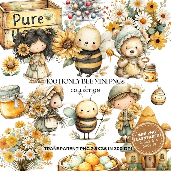 Honey Bee PNG Clipart: Spring Honeybee Clip Art Ephemera (Digital Download, 2.5x2.5 in)