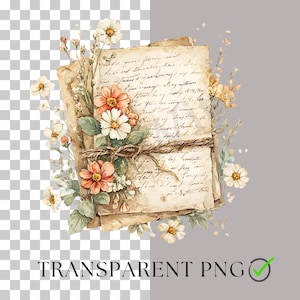 May include: A stack of aged paper with handwritten script, tied with twine, and adorned with watercolor flowers in shades of orange, white, and yellow. The image has a vintage, romantic aesthetic.