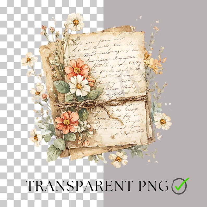May include: A stack of aged paper with handwritten script, tied with twine, and adorned with watercolor flowers in shades of orange, white, and yellow. The image has a vintage, romantic aesthetic.