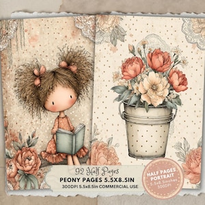 May include: A digital art print featuring a whimsical illustration of a girl reading, alongside a floral arrangement in a bucket. The design includes the text "PEONY PAGES 5.5X8.5IN" and "HALF PAGES PORTRAIT 5.5x8.5inches". The color palette is soft, with peach and beige tones.