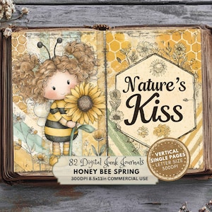Puede incluir: Ilustración de un libro abierto con un personaje con temática de abeja sosteniendo un girasol. Las páginas del libro presentan patrones florales y de panal, con el texto "Nature's Kiss" y "Honey Bee Spring". Diseñado para diarios digitales.
