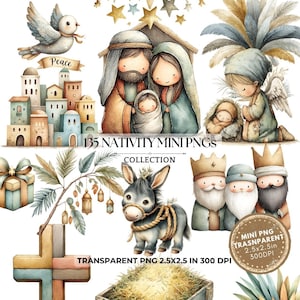 Op de afbeelding: Waterverfillustraties van een kerststal, waaronder Maria, Jozef, baby Jezus, engelen en de Drie Wijzen. De afbeelding bevat een duif met een spandoek met de tekst "Vrede". Tekst: "135 Nativity Mini PNGs Collection".
