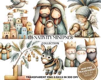 Imágenes prediseñadas de la Natividad: Ilustraciones religiosas en acuarela (Descarga digital, PNG 2,5x2,5 pulgadas)