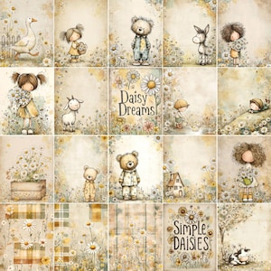 Peut inclure: Un collage d'illustrations &agrave; l'aquarelle avec des personnages fantaisistes et des &eacute;l&eacute;ments floraux. Les images comprennent une oie, des enfants, des ours en peluche et un &acirc;ne, le tout dans un champ de marguerites. Le texte "Daisy Dreams" et "Simple Daisies" est &eacute;galement pr&eacute;sent.