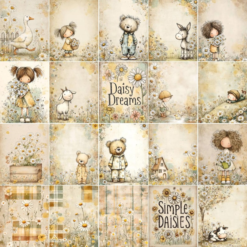 Peut inclure: Un collage d'illustrations &agrave; l'aquarelle avec des personnages fantaisistes et des &eacute;l&eacute;ments floraux. Les images comprennent une oie, des enfants, des ours en peluche et un &acirc;ne, le tout dans un champ de marguerites. Le texte "Daisy Dreams" et "Simple Daisies" est &eacute;galement pr&eacute;sent.