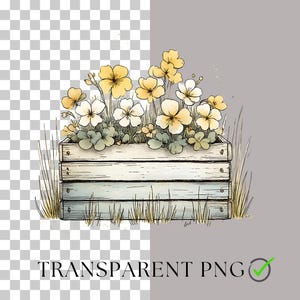May include: Watercolor illustration of a wooden planter box filled with yellow and white flowers and green foliage. The box is light blue and white, with blades of grass on either side. The text "TRANSPARENT PNG" is at the bottom.