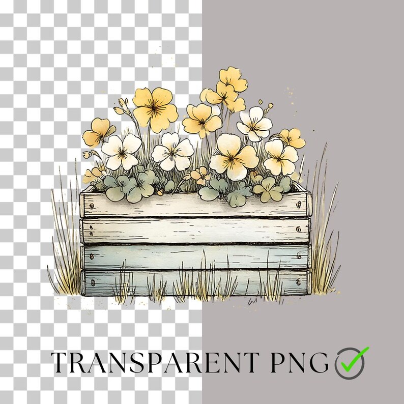 May include: Watercolor illustration of a wooden planter box filled with yellow and white flowers and green foliage. The box is light blue and white, with blades of grass on either side. The text "TRANSPARENT PNG" is at the bottom.