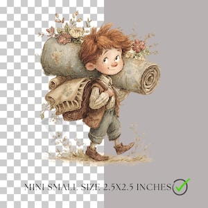 May include: A watercolor illustration of a young boy carrying a rolled-up blanket and a backpack filled with a blanket and flowers. The boy is wearing a brown vest, gray pants, and brown shoes. The text at the bottom reads "MINI SMALL SIZE 2.5X2.5 INCHES".