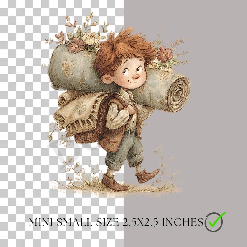 May include: A watercolor illustration of a young boy carrying a rolled-up blanket and a backpack filled with a blanket and flowers. The boy is wearing a brown vest, gray pants, and brown shoes. The text at the bottom reads "MINI SMALL SIZE 2.5X2.5 INCHES".