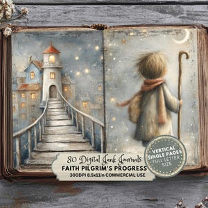 Könnte beinhalten: Ein offenes Buch mit einer Aquarellillustration eines Leuchtturms und einer Figur mit einem Stab. Die linke Seite zeigt eine Brücke, die zum Leuchtturm führt. Die rechte Seite zeigt eine Figur mit einem Stab unter einem Halbmond. Der Text auf dem Buch lautet "80 Digital Junk Journals, Faith Pilgrim's Progress".
