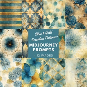 Midjourney Prompts for Blue and Gold Seamless Patterns Creation, Junk Journal Papers, Blue and Gold Journal Pages Prompts, Vintage Papers