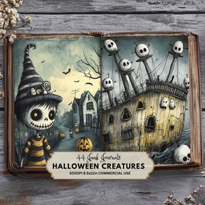 Gruselige Halloween Seiten, Junk Journal Kreaturen, Scrapbook, Gruselige Skelette, Gothic Kreaturen, Verzauberte Fantasy Haunted Mansion, Kürbisse