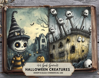 Creepy Halloween Junk Journal Pages: Spooky Skeletons, Cartoon Style (Digital Download)