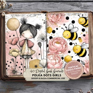 May include: Open book with digital journal pages. One page features a girl with a balloon and flowers, the other has bees and pink flowers. The pages have a pink background with black polka dots. Text reads "40 Digital Junk Journals".