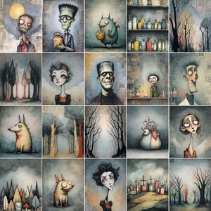 May include: A collection of whimsical, gothic-style illustrations. The artwork features various characters and scenes, including a zombie, Frankenstein's monster, a monster with a basket, and a spooky forest. The color palette is muted with a focus on blues, grays, and earthy tones.
