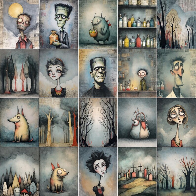 May include: A collection of whimsical, gothic-style illustrations. The artwork features various characters and scenes, including a zombie, Frankenstein's monster, a monster with a basket, and a spooky forest. The color palette is muted with a focus on blues, grays, and earthy tones.