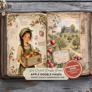 May include: An open book displaying digital pages with an orchard theme. The left page features a girl holding a crate labeled Orchard Keeper with apples. The right page shows an apple orchard landscape with text reading Apple Orchard and Fresh Picked Apples.